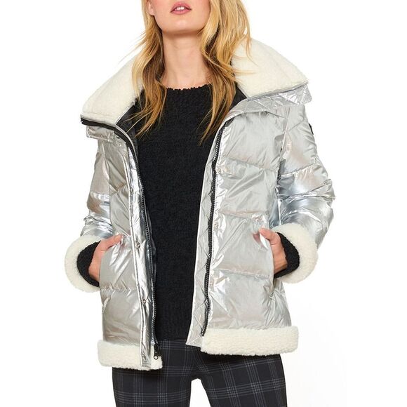 New! SANCTUARY Women's Metallic Puffer Jacket Faux Shearling Trim Size Small - Picture 1 of 10